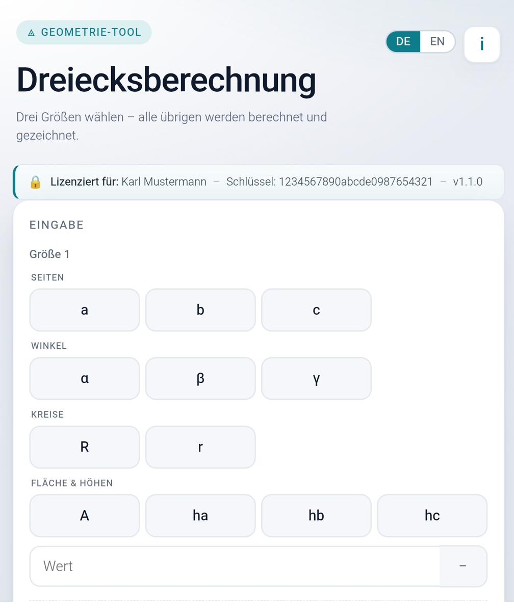 Eingabemaske: drei Größen aus Seiten, Winkeln, Kreisen, Fläche und Höhen wählen